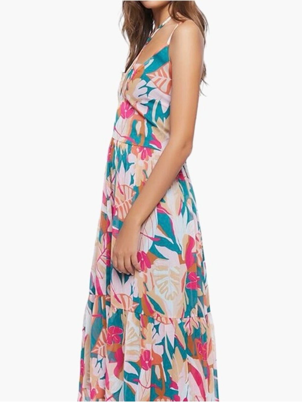 MELLODAY Teal, Pink & Cream Tropical Floral Maxi Dress | Size S